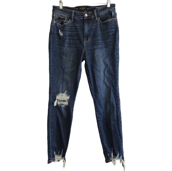 Judy Blue Relaxed Fit Jeans 29 Dark Wash Chewed Hem Distressed - Picture 1 of 7